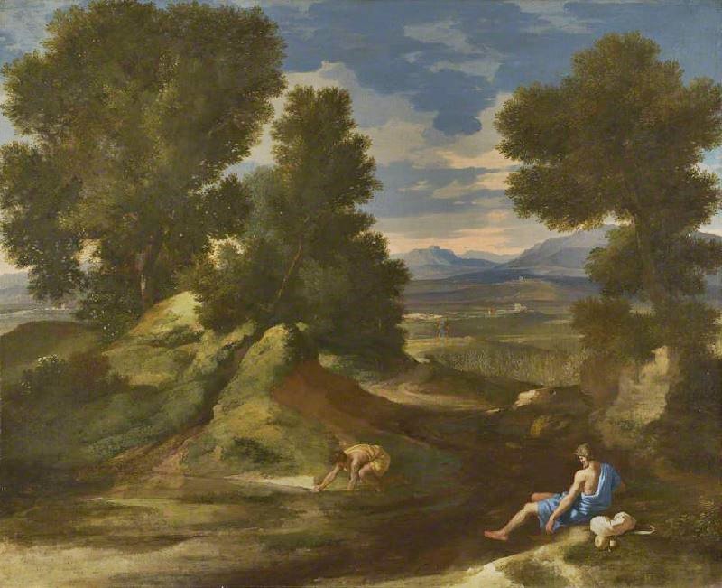 LANDSCAPE WITH A MAN SCOOPING WATER FROM A STREAM
