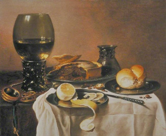 Breakfast Still Life With Roemer, Meat Pie, Lemon And Bread by Pieter Claesz