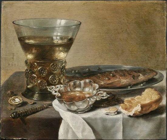Still Life With Silver Brandy Bowl, Wine Glass, Herring And Bread by Pieter Claesz