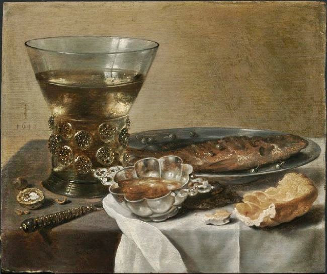 Still Life With Silver Brandy Bowl, Wine Glass, Herring And Bread by Pieter Claesz