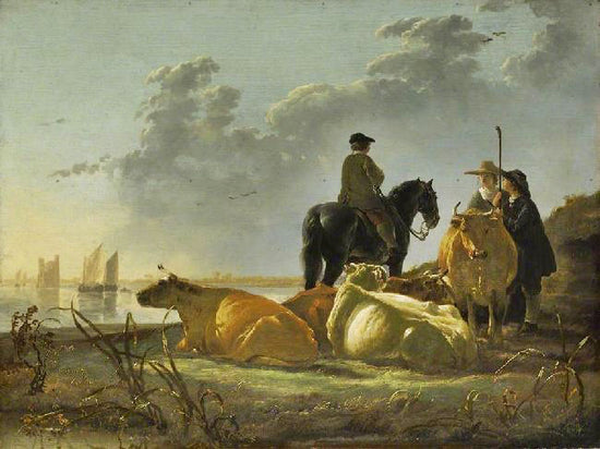 Peasants And Cattle By The River Merwede by Aelbert Cuyp