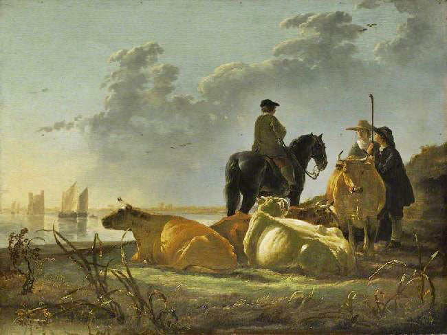 Peasants And Cattle By The River Merwede by Aelbert Cuyp
