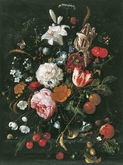 Flowers In A Glass Vase With Fruit by Jan Davidszoon de Heem