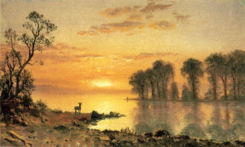 SUNSET, DEER, AND RIVER