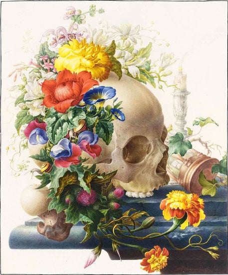 Vanitas Still Life, With A Skull Wreathed With Flowers by Herman Henstenburgh