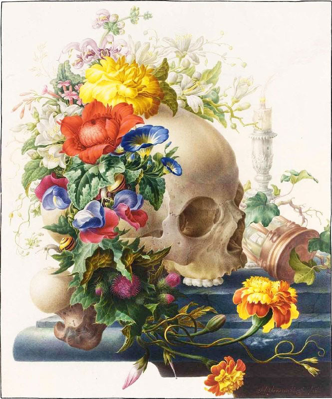 Vanitas Still Life, With A Skull Wreathed With Flowers by Herman Henstenburgh
