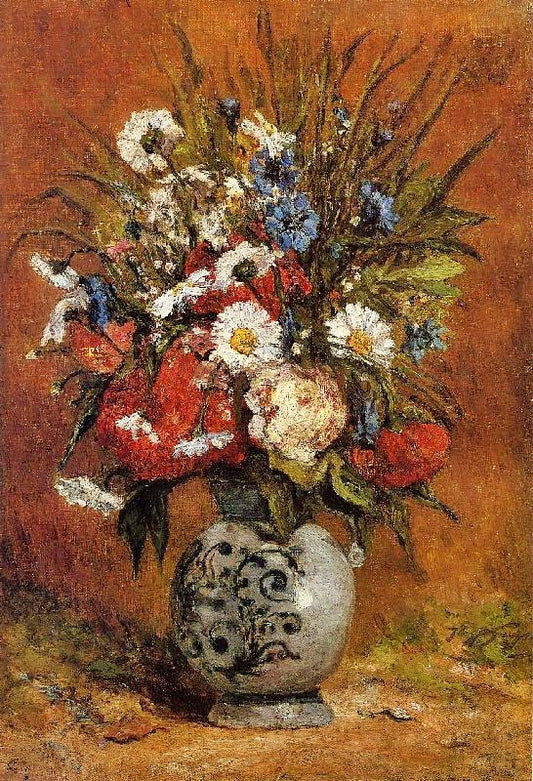 Daisies And Peonies In A Blue Vase by Paul Gauguin