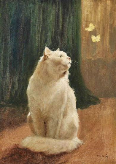 White Cat And Two Brimstone Butterflies by Arthur Heyer