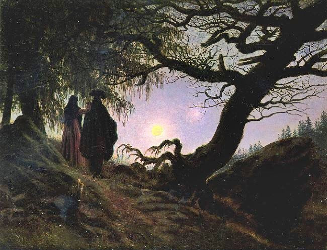 MAN AND WOMAN CONTEMPLATING THE MOON