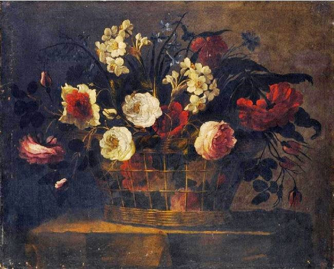 STILL LIFE OF FLOWERS IN A WICKER BASKET