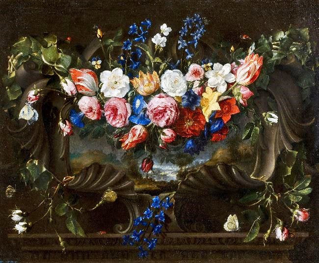 Garland Of Flowers In A Cartouche With A Landscape Behind by Juan de Arellano