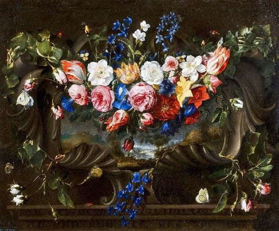 Garland Of Flowers In A Cartouche With A Landscape Behind by Juan de Arellano