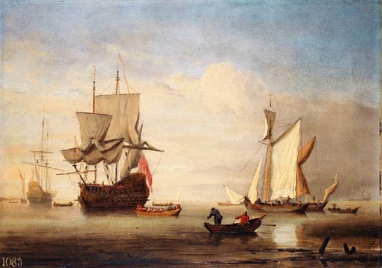A Calm: An English Three-Decker Drying Sails With Two Galliots Near Her by Willem van de Velde