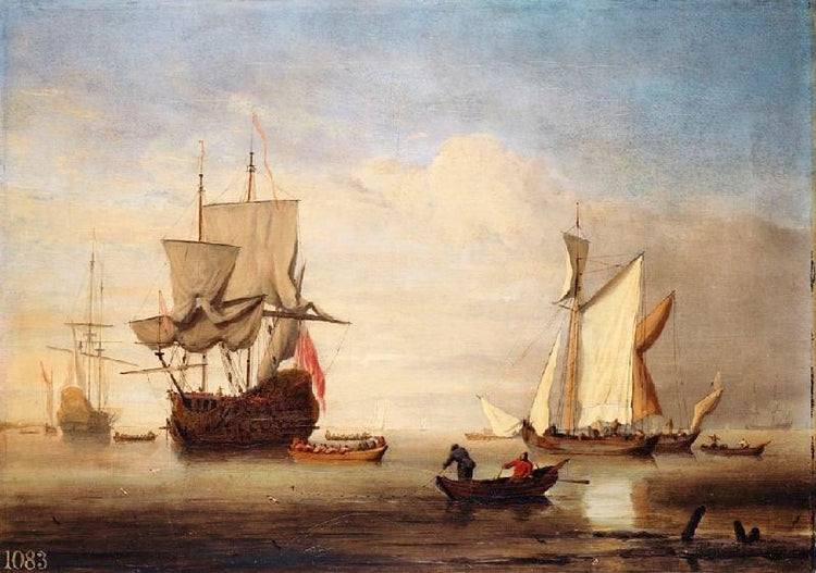A Calm: An English Three-Decker Drying Sails With Two Galliots Near Her by Willem van de Velde