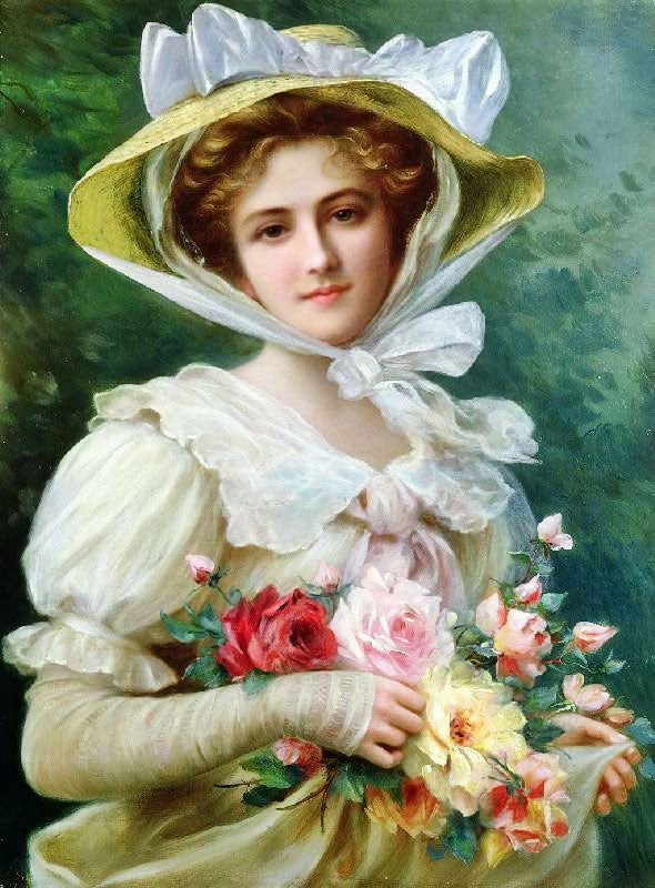 ELEGANT LADY WITH A BOUQUET OF ROSES