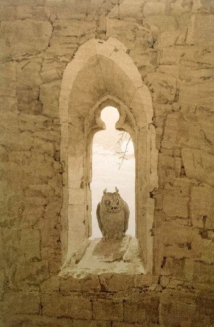 Owl In A Gothic Window by Caspar David Friedrich