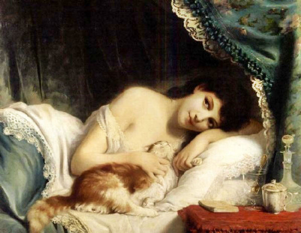 A Reclining Beauty With Cat by Fritz Zuber-Buhler