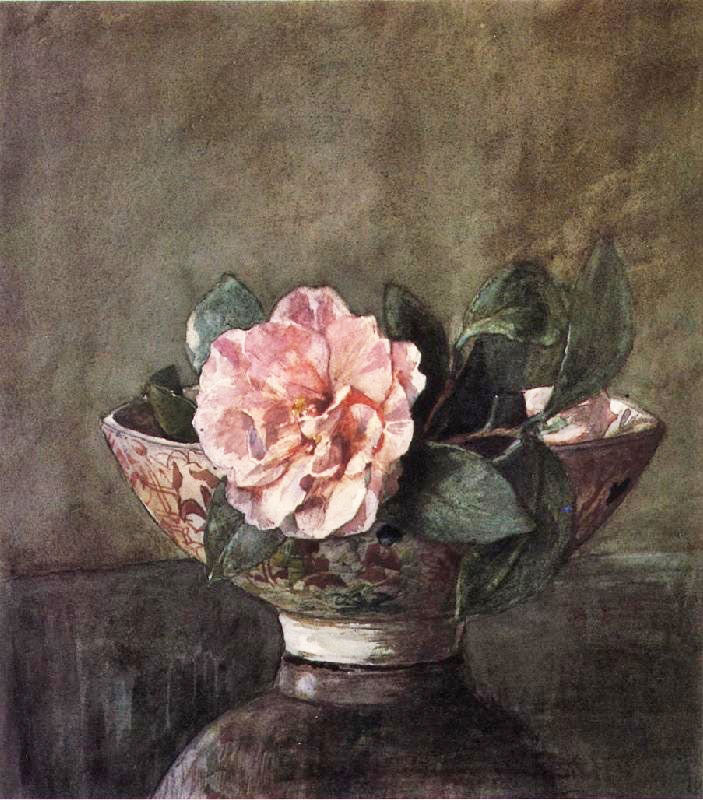 Camellia In Old Chinese Vase On Black Lacquer Table by John La Farge