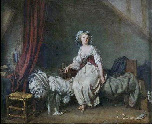 Girl With A Birdcage Seated On A Bed by Jean-Frédéric Schall