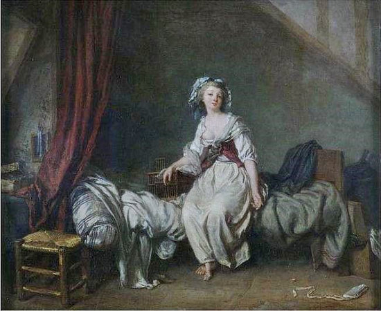 Girl With A Birdcage Seated On A Bed by Jean-Frédéric Schall