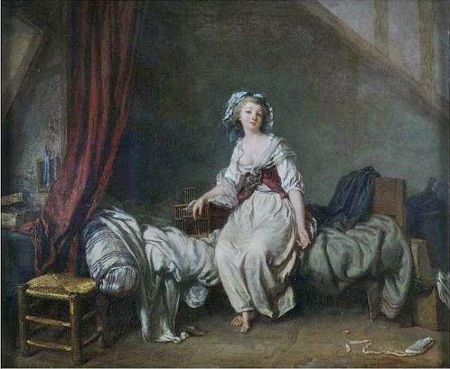 Girl With A Birdcage Seated On A Bed by Jean-Frédéric Schall