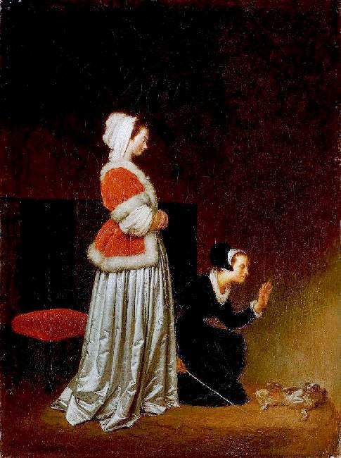 A Lady And Her Maid Chastising A Spaniel by Jean-Honore Fragonard