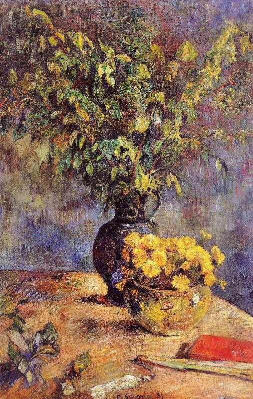 Two Vases Of Flowers And A Fan by Paul Gauguin