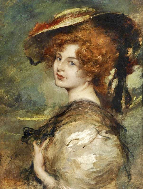 Portrait Of A Lady With Red Hair And Hat by Leopold Schmutzler