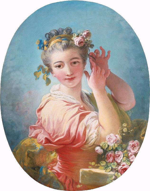A YOUNG WOMAN ADORNING HER POWEDERD COIFFURE WITH A SPRAY OF ROSES