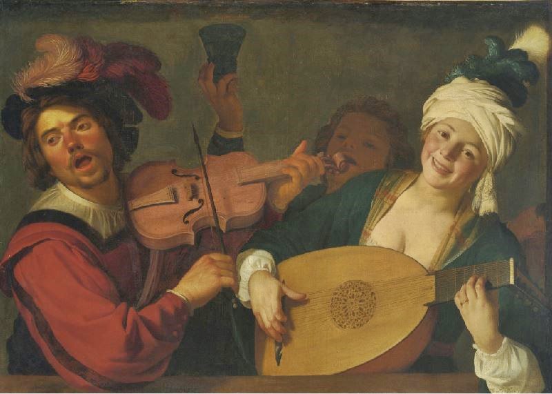 A MERRY GROUP BEHIND A BALUSTRADE WITH A VIOLION AND A LUTE PLAYER