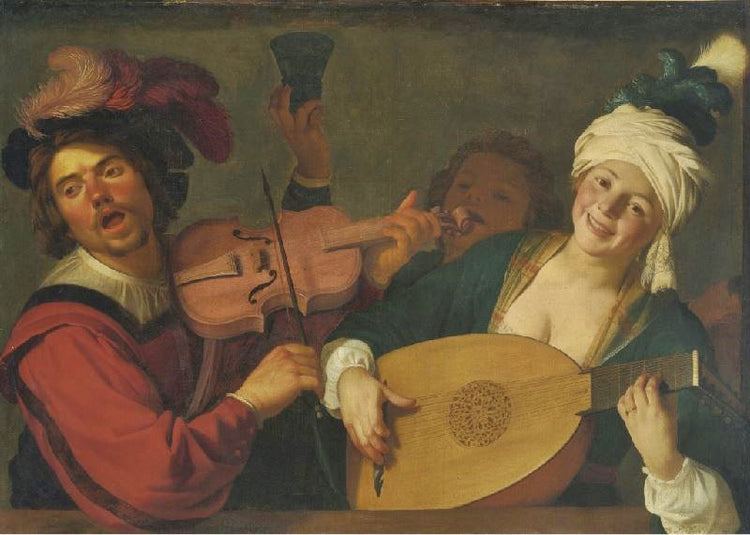 A Merry Group Behind A Balustrade With A Violion And A Lute Player by Gerard van Honthorst