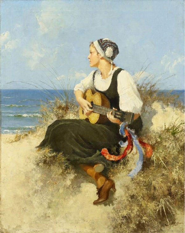 Young Girl With Guitar On The Beach by Hermann Seeger