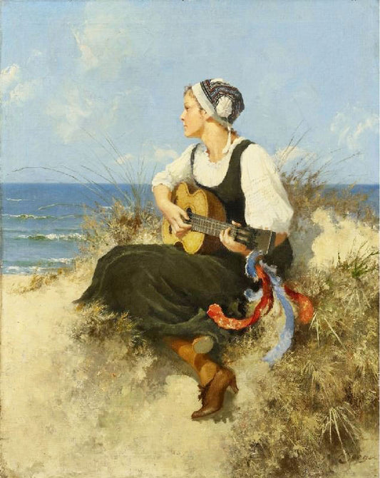 Young Girl With Guitar On The Beach by Hermann Seeger