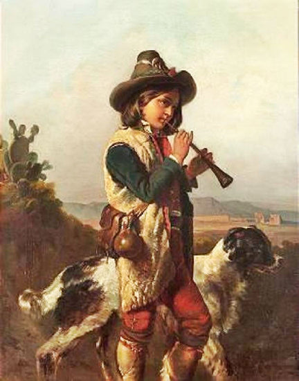 Shepherd With Dog Playing Flute by Alfred Jacques van Muyden