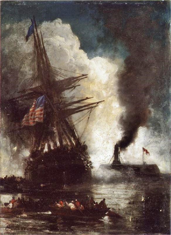 Battle Between Ironclad, Merrimac And Chesapeake by Edward Moran