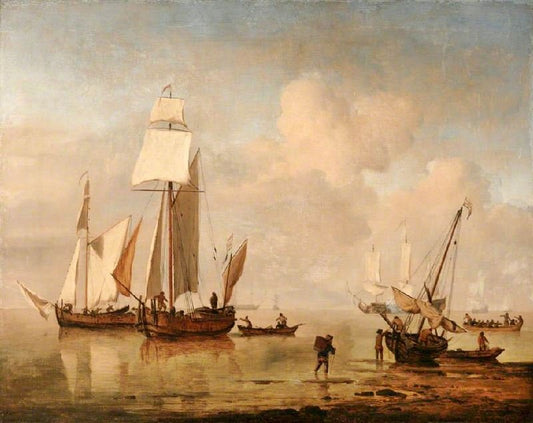 A Calm Sea With Two Fishing Boats And A Third Beached by Willem van de Velde
