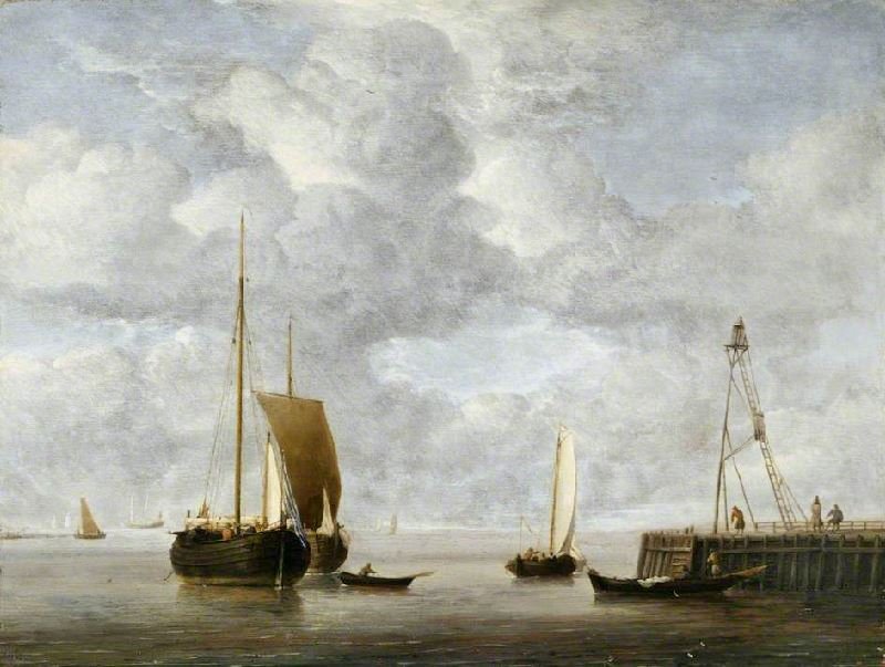 A Dutch Hoeker At Anchor Near A Pier by Willem van de Velde