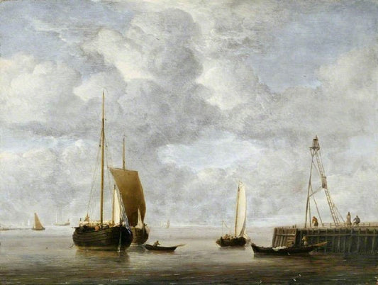 A Dutch Hoeker At Anchor Near A Pier by Willem van de Velde