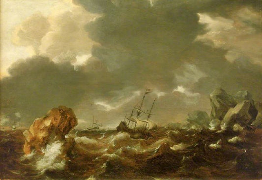 A Dutch Mercant Ship Running Between Rocks In Rough Weather by Willem van de Velde