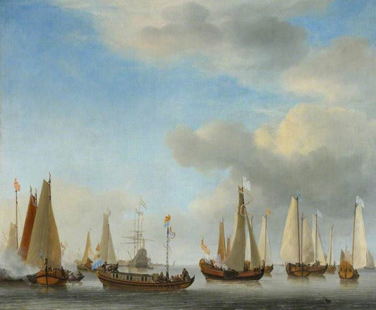 A Dutch State Barge Under Oars With Bezan Yachts Under Sail by Willem van de Velde