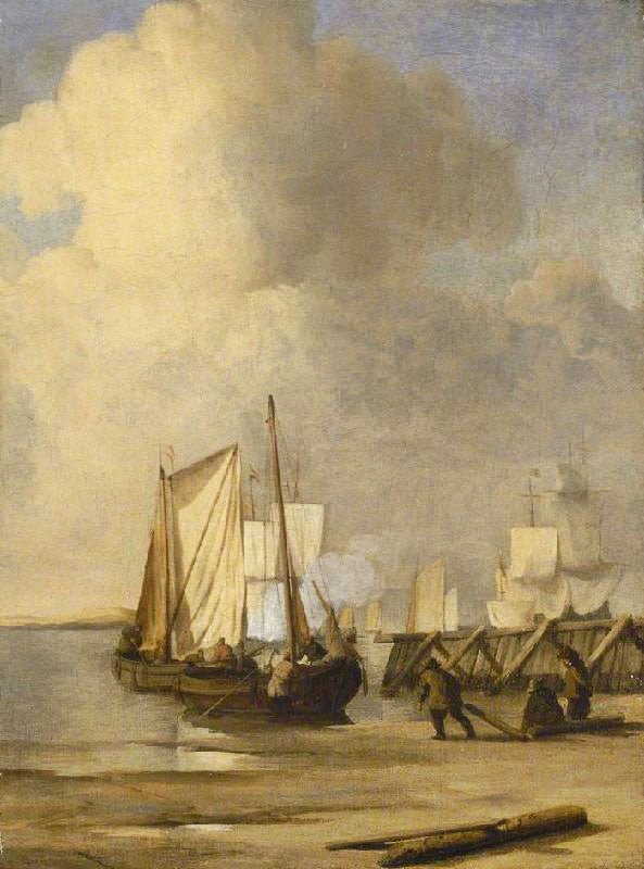 A KAAG COMING ASHORE NEAR A GROYNE WITH SHIPS AND VESSELS UNDER SAIL BEYOND