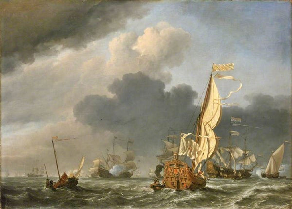 A States Yacht In A Fresh Breeze Running Towards A Group Of Dutch Ships by Willem van de Velde