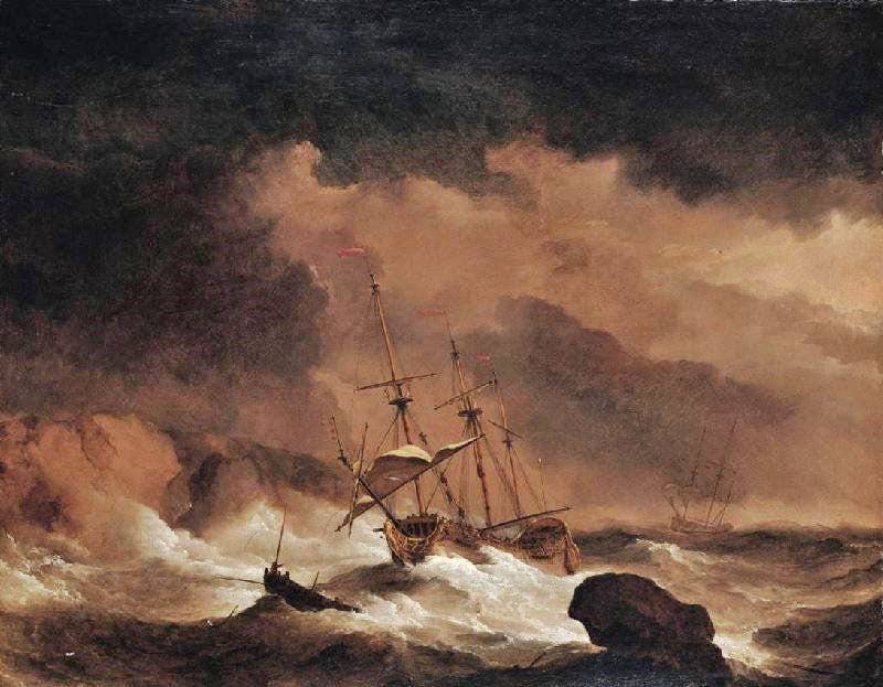 An Indiaman In A Gale Off A Rocky Coast by Willem van de Velde