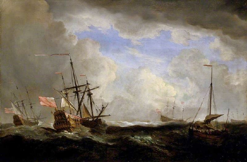 AN ENGLISH SHIP AND A HOEKER AT SEA IN A GALE WITH OTHER SHIPS
