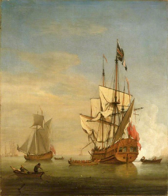 An English Sixth-Rate Ship Firing A Salute As A Barge Leaves by Willem van de Velde