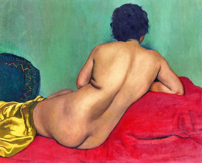 NUDE FROM BEHIND ON A RED SOFA