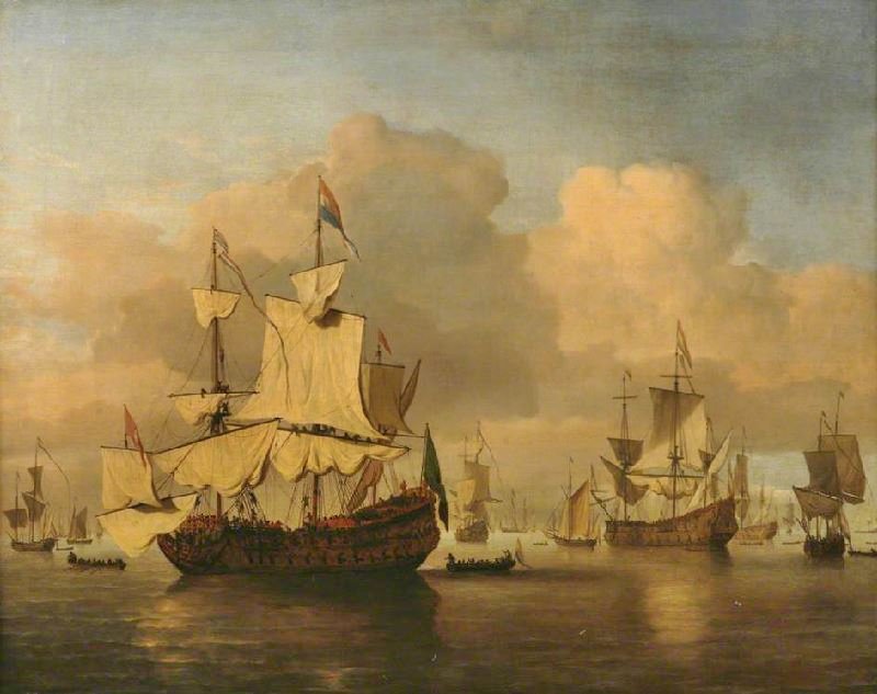 DUTCH MEN ’O WAR IN A CALM SEA WITH NUMEROUS OTHER SHIPS