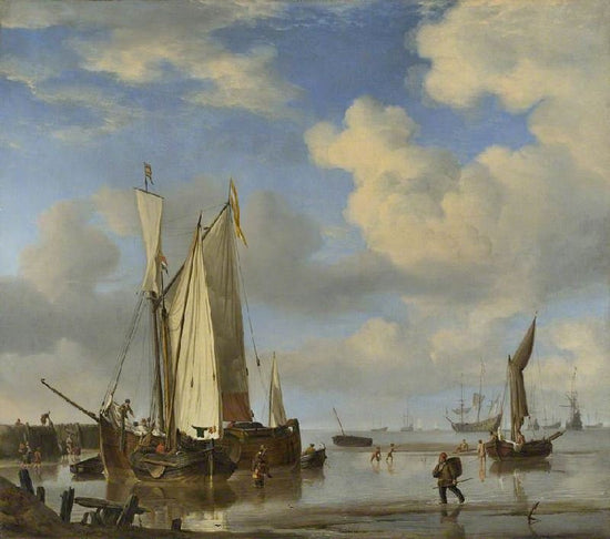 Dutch Vessels Close Inshore At Low Tide With Men Bathing by Willem van de Velde