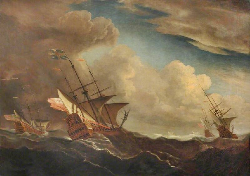 ENGLISH SHIPS AT SEA BEATING WINDWARD IN A GALE