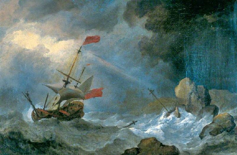 Man O’ War In Distress Off Rocky Coast by Willem van de Velde